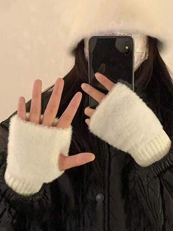 Women's Half Finger Plush Gloves, Warm Autumn/Winter Mittens