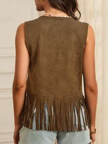 Women Boho Western Tassel Vest Open Front Faux Suede Fringe Cardigan Sleeveless Jacket Vintage Hippie Outwear - màu nâu - Xem 2