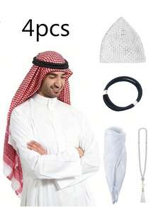 Set de 4 bucăți: eșarfă arabă pentru cap, Shemagh, bentiță și bonetă. Mărgele de rugăciune pentru Ramadan, brățară. Cadoul perfect pentru bărbații din Orientul Mijlociu în timpul Ramadanului. Material confortabil din poliester, accesorii la modă pentru Ramadan, respirabil, design tradițional, dar modern. - Multicolor - Vizualizare 9