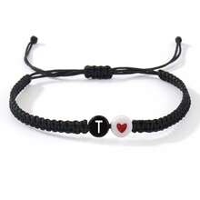 1PC/Fashion Accessories Style/Minimalist Bracelet/Black Background, White Letters, Red Dripping Heart, Black Jewelry Rope Woven Flat Knot Bracelet/Letters A-Z Double Rope, Woven Flat Knot Bracelet, Friendship Jewelry, Gender Adjustable Neutral Design, Versatile Single Item Accessory