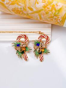 Conjunto de collar colgante y broche de bastón de caramelo navideño - Joyería festiva en tono dorado para mujeres, uso diario lindo y regalo navideño