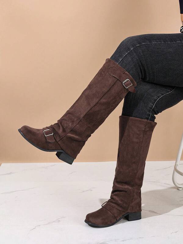 Women's Fashion Brown Leather Low Heel Ruched Casual Long Boots