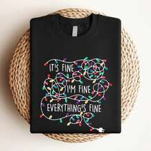 180g pure Cotton It&amp;#39;s Fine I&amp;#39;m Fine Everything&amp;#39;s Fine Shirt, Tangled Christmas Light Tee, Funny Xmas Party Outfit, Holiday Shirt, Introverts Christmas Gift Print Round Neck Short Sleeve Stylish Stretched Summer women Soft - Negro - Ver 3