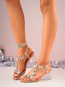 Sandalias de tacón grueso con cristales transparentes para mujer de talla grande, con decoración de mariposa de rhinestone, brillantes y encantadoras, adecuadas para uso diario, sesiones de fotos, de moda y versátiles