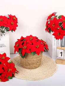 1/5 piezas, Ramos artificiales de Flor de Pascua roja (5 cabezas), Arbusto de Flor de Pascua para decoración navideña en porche, hogar, jardín, interior y exterior, Plantas de simulación navideña, Flores navideñas, Decoraciones navideñas