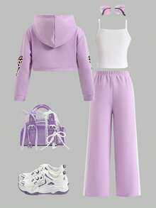 3pcs/Set Girls Back To School Fashion Versatile English, Leopard Print, Bow Decor Graphic Short Hoodie Sweatshirt + Camisole + Wide Leg Pants Outfit, Spring/Autumn