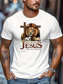 Camiseta de Hombre con Patrón de Jesús - Mezcla de Algodón, Ajuste Regular, Tejido de Punto Ligeramente Elástico, Camiseta Deportiva Casual de Verano, con Diseño de León y Oveja, Transpirable y Cómoda, Adecuada para Uso Casual - Blanco - Ver 1