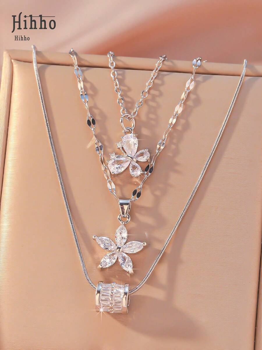Hihho 3pcs/Set Fashionable Minimalist Flower, Butterfly, Waist Decor Multi-Layer Necklace Set, Suitable For Dates, Parties, Vacations, Daily Wear, Holiday Gifts, Christmas Presents - Silver - View 1