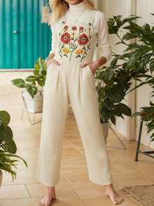 Embroidery Sleeveless Overall With Pockets, Fall/WinterOutfits For Women, Vacation/Casual