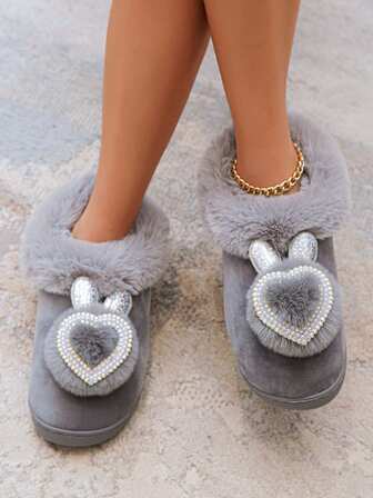 秋冬新款加厚底女士拖鞋，可爱室内不保暖高跟孕妇拖鞋，情侣拖鞋带可爱兔耳朵装饰，趣味拖鞋