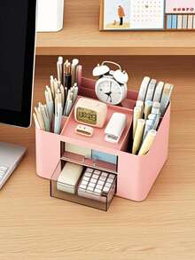 1 pieza Organizador de escritorio mini con 2 cajones, portaulápices y bolígrafos multifuncional para escritorio, caja de almacenamiento simple y creativa para artículos de oficina y escolares, organizador de varios compartimentos, organizador de maquillaje, útiles escolares, regalo navideño