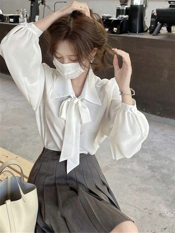 Solid Tie Front Shirt,Long Sleeve Tops