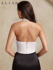 Aliao 花卉钩编网纱刺绣优雅3D透视吊带背心，性感女式上衣，夏季服装，浪漫婚礼季，花卉图案上衣，端庄上衣，新年装扮 - 白色 - 查看 7