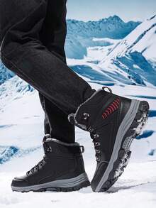 Milikuyou[End Of Season ]Winter Bestseller Men's Fleece Snow Boots, Thick Warm Outdoor Anti-Slip Boots, Men's Black Leather Upper Outdoor Snow Boots, Metal Buckle Design, High-Top Suede Leather Waterproof Anti-Slip Hiking Boots, Contrast Color Laces, Cargo Style Style, Suitable For Warmth And Outdoor Functionality Needs, Size 39-48 (Asymmetrical Pattern) - Black - View 11