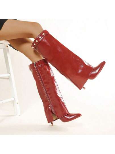 بوت فارس جديدة للنساء للخريف/الشتاء، بوت جذابة لليلة الهالوين، بوت أنيقة ذات كعب عالي باللون الأحمر للكاحل المتوسط