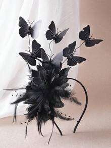 1pc Butterfly Headpiece, Women's Derby Floral Headband Hat, Feather Tea Party Butterfly Halloween Party Headband - A - View 12