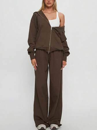 女士纯色门襟连帽衫和抽绳长裤两件套女性性感时尚套装日常休闲街头约会休闲办公室服装