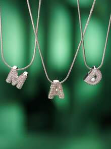 1pc Fashionable Bohemian Style Stainless Steel Necklace With 26 Cubic Zirconia Letter A-Z Pendants, Stainless Steel Snake Chain Jewelry, Suitable For Men And Women Everyday Wear - Silver - View 2