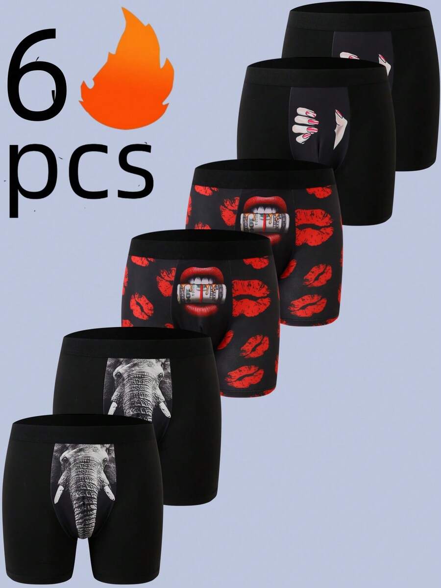 6-Piece Men's Boxer Shorts, Wedding Fun Pattern Printed Men's Four-Way Briefs, Fashionable Comfortable Men's Long Four- Briefs, Sports Men's Angle Shorts, Suitable For Christmas, Halloween, Four Seasons To Wear, A Gift For A Boyfriend.