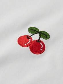 Playera camiseta blusa tipo polo dama mujer manga corta cuello sport abertura en V ajustada ceñida cómoda fresca ligera tejido acanalado bordado cerezas cherry cherries fruta frutal moderno juvenil Y2K casual urbana aesthetic diario día noche escuela colegio festival concierto música varsity - Blanco - Ver 3