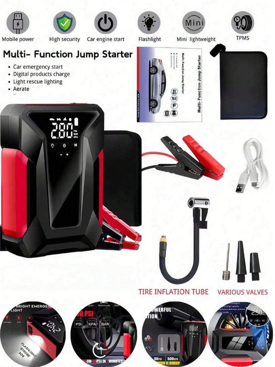Car Starter With Air Pump,Car Battery Charger With Air Pump, 12V Car Battery Starting Power Supply, With Emergency LED Light, Portable Power Bank, Leather Storage Bag.