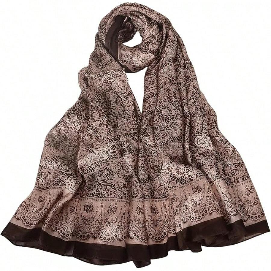 100% Mulberry Silk Scarf For Women Lightweight Long Scarves Beach Wraps Cover Up -Travel Photography Scarfhalloween - 咖啡花香 - 查看 1