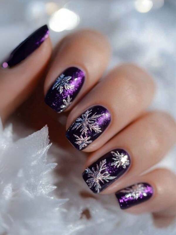 Christmas Nails, Snowflakes Stain The Nails, Y2k Nails, 24 Pieces Of Nails, Fake Nails, Press On Nails, Purple Nails Fall Press On Nails