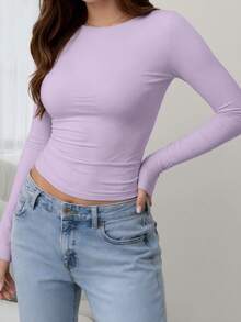 女士休闲修身圆领长袖T恤 春季款 - 香芋紫色 - 查看 4