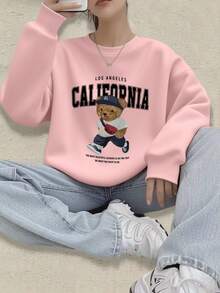 1件少女学生休闲印花白色圆领套头卫衣，秋/春季款 - 粉色 - 查看 3