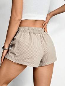Pantalones cortos casuales con estampado de rayas y cintura elástica para mujer - Marrón Mocha - Ver 2