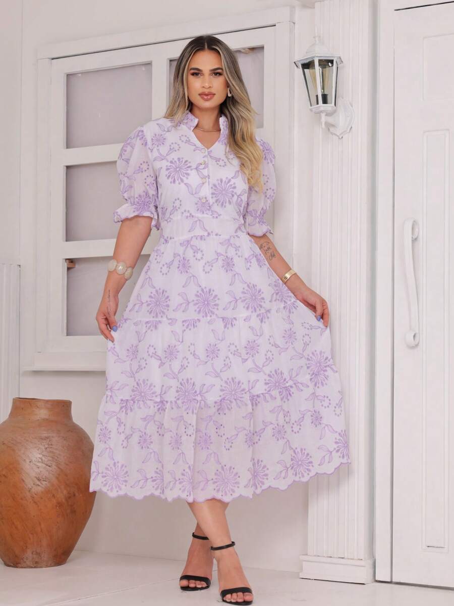 Women's Fashion Midi Dress In 3D Laise Fabric With Elastex On The Back And Button On The Front And Lining - White/lilac - View 1