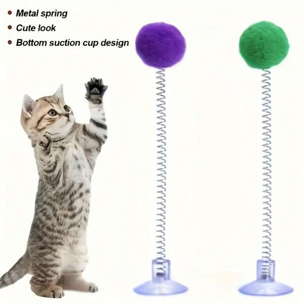 2pcs Interactive Cat Toy Set With Plush Ball, Metal Spring Wand, And Suction Cup Base - Durable Design To Stimulate Hunting Instincts & Playful Fun For Indoor Cats | Simulated Hunting Toy In Various Colors