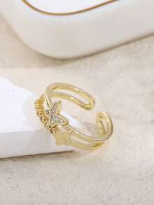 1pc Hollow Butterfly Double Layer Ring, Dainty Rhinestone Inlaid Adjustable Open Ring For Women