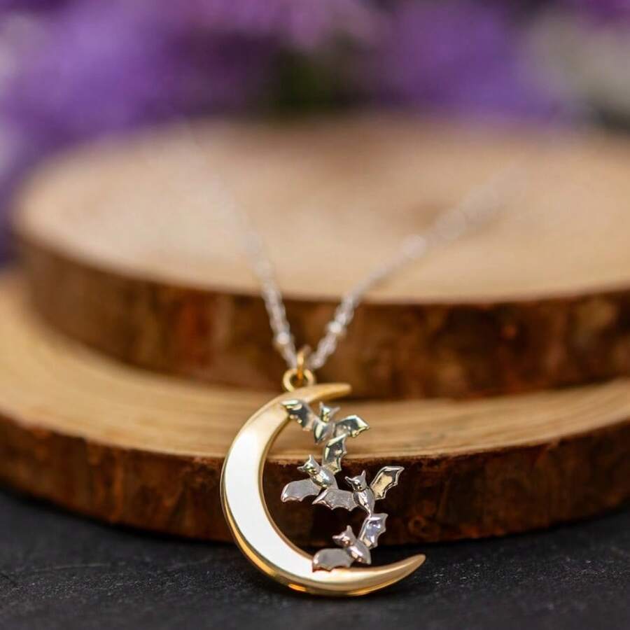 Bronze Crescent Moon Necklace: Sterling Silver Bats, Halloween Jewelry