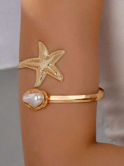 1pc Starfish & Faux Pearl Decor Adjustable Arm Cuff Bracelet, Ocean Vacation Style