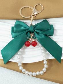1 Elegant Faux Pearl Bracelet And Bow Decoration Keychain Pendant, Equipped With Creative Zinc Alloy Simulated Cherry Accessories, Fashionable Women's Bag Pendant, Suitable For Bag Chains, Mobile Phone Hanging Chains, Keychains, And Gifts For Friends' Mothers Christmas