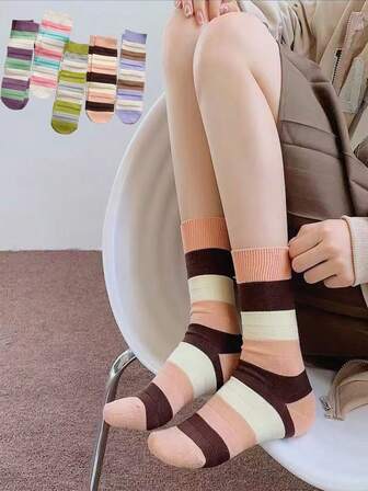 5 Pairs Women's Striped Patchwork Socks, Cute & Fashionable, Suitable For School Girls, Candy Colors, Versatile For Daily Wear, Autumn/Winter