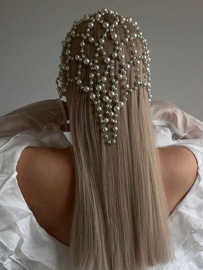 1pc Silver Mesh Fairy Hair Chain, Pearls Decor, Bridal Versatile Accessory, Wedding Items, Headpiece, Head Jewelry