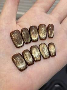 10片/套 手工制作 短款可佩戴美甲贴片，棕色猫眼闪粉美甲贴片，柔和百搭的方形美甲贴片，适合女孩日常佩戴、外出、节日、派对、生日等场合，可卸可重复使用。 - 咖啡棕 - 查看 8