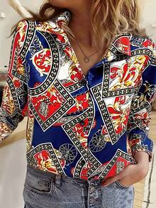 Camisa Urbana de Contraste Satinado, Elemento de Corrente e Retalhos Geométricos, Gola Clássica de Camisa + Abotoamento Simples - Cores misturadas - Visão 2