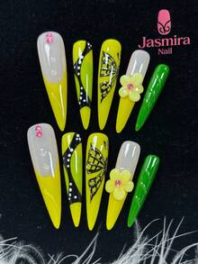 10 件纯手工按压式指甲套装，超长细高跟鞋，法式尖头，万圣节假指甲，绿色指甲，黄色指甲，手工雕刻花朵，黑色手绘蝴蝶，甜美酷炫辣妹风格，适合女性、女孩派对、旅行、约会、节日和其他生日礼物 DIY 美甲用品，可重复使用。 - 彩色 - 查看 2
