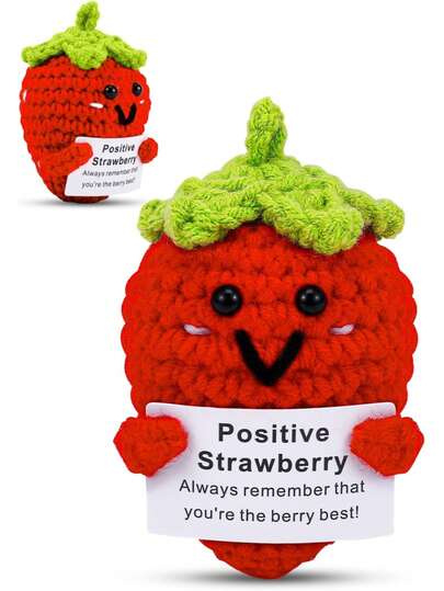 Positive Energy Crochet Strawberry Gift, Comes With Inspirational Card, Fun And Uplifting, Perfect Birthday Or Office Desk Decor Gift For Men And Women, Also An Ideal Christmas Present