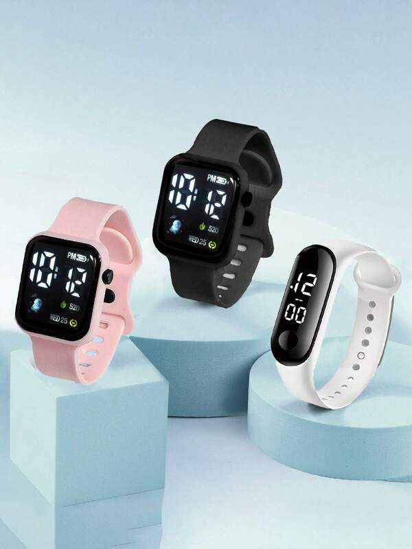 3pcs LED Digital Cartoon Electronic Watch, Suitable For Sports, Daily Wear, Silicone Soft Strap, Valentine's Day Gift