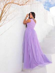 One-Shoulder Bridesmaid Dress With Ruffle On The Skirt - 閃亮的紫紅色 - 查看 3