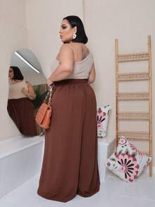 Maxi Pantalona Plus Size Without Slit Duna Fabric Elastic Waist - Rust Brown - View 3