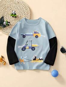 Young Boys  Long Sleeve T-Shirt, Cartoon Car Print Pattern, Fashionable Breathable Design, Autumn