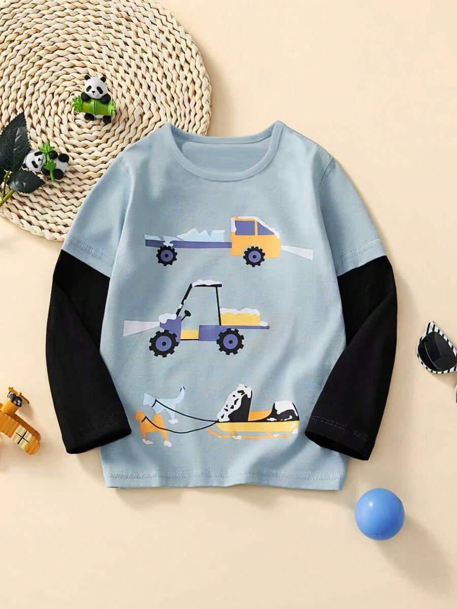 Young Boys  Long Sleeve T-Shirt, Cartoon Car Print Pattern, Fashionable Breathable Design, Autumn