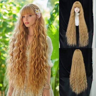 7JHH WIGS Tóc giả cosplay màu vàng dài 44 inch có mái, tóc giả Lolita dài xoăn mềm mại tổng hợp chịu nhiệt, dùng cho tiệc cưới và trang phục hóa trang Rapunzel
