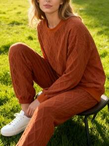 Autumn And Winter European And American Women's Clothing, New Ribbed Jacquard Trousers Casual Two-Piece Suits, Casual And Fashionable, Versatile, The First Choice For Sports And Shopping, Economical And Affordable, Light, Comfortable And Soft, Personalized Niche Design - 橘色 - 查看 5