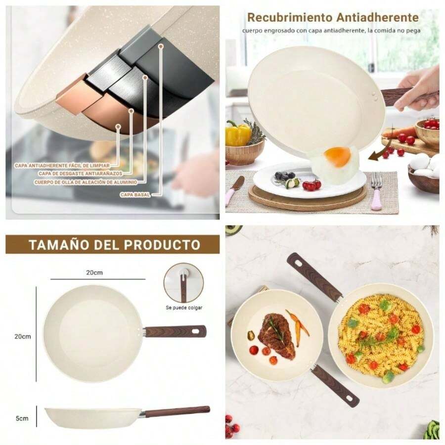 Sartn con Revestimiento Antiadherente, Sartn Libre de PFOA, Conduccin Uniforme y Rpida, Apto Universal para Estufas de Gas, Elctrica, Cermica Crema, 20cm - 20 cm + Crema - Ver 1